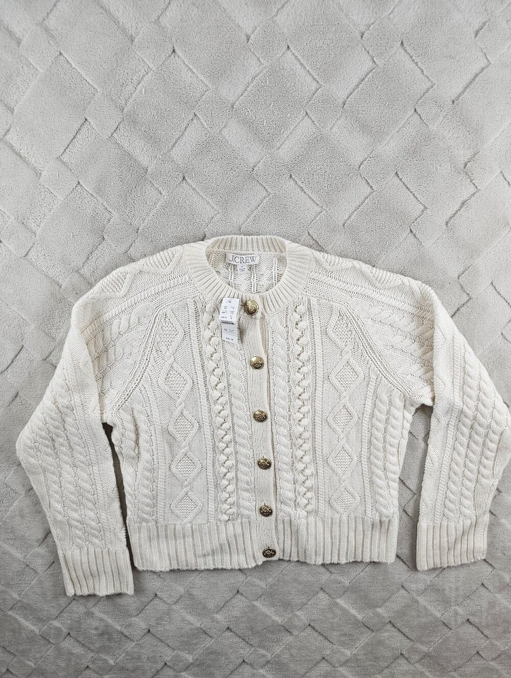 NWT J.Crew Cable Knit Cardigan Sweater Womens Medium ivory Gold Buttons